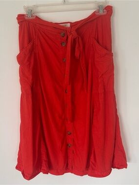 Anthropologie Coral-Red Button Front A-Line Skirt with Tie Waist